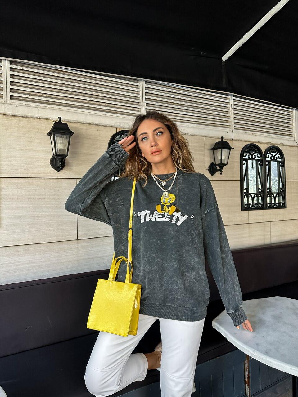 Antrasit Tweety Yıkamalı Sweatshirt