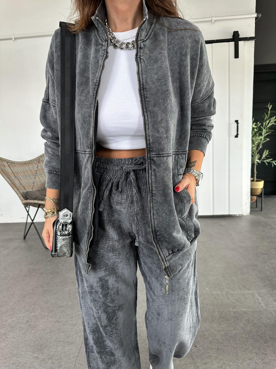 Antrasit Yıkamalı Fermuarlı Sweatshirt