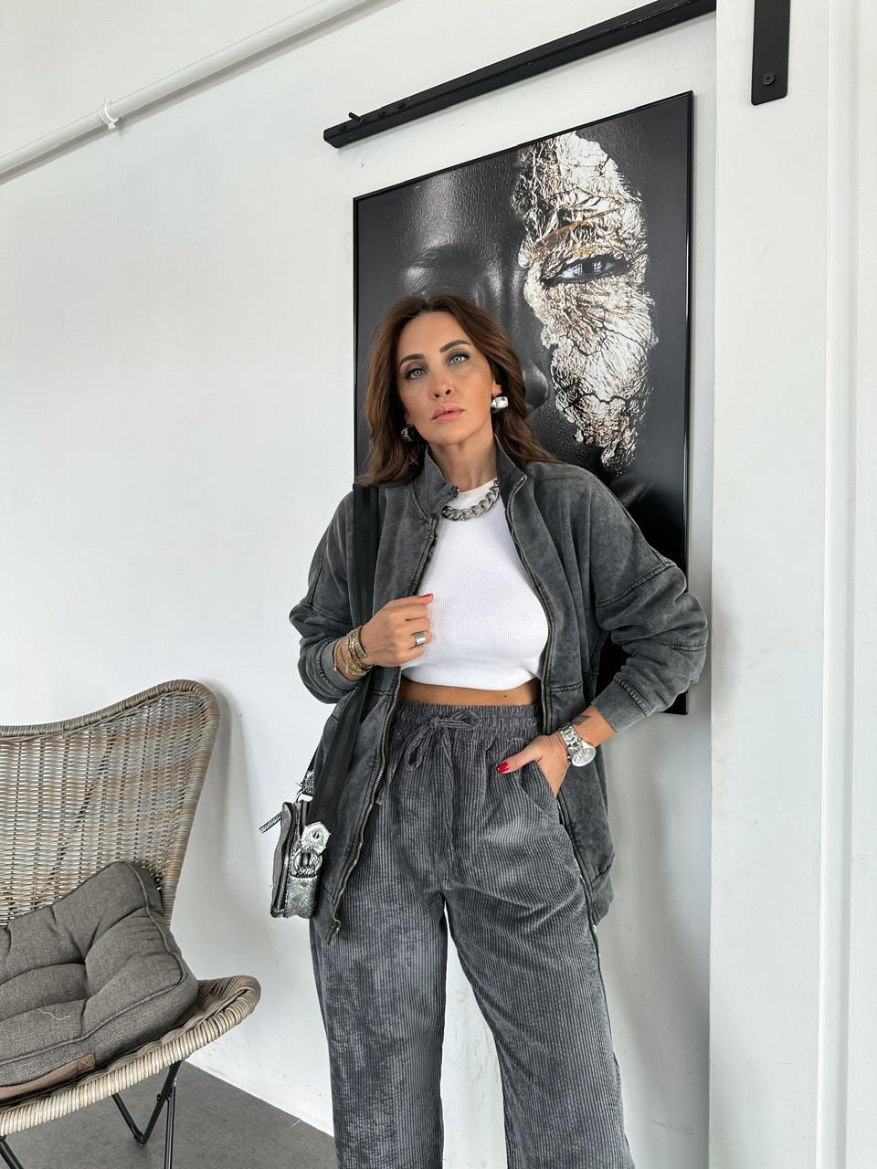Antrasit Yıkamalı Fermuarlı Sweatshirt