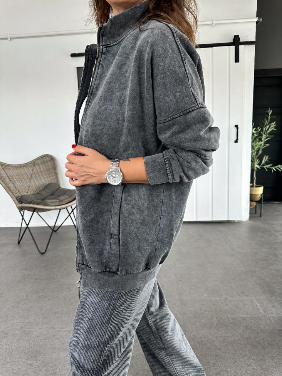 Antrasit Yıkamalı Fermuarlı Sweatshirt