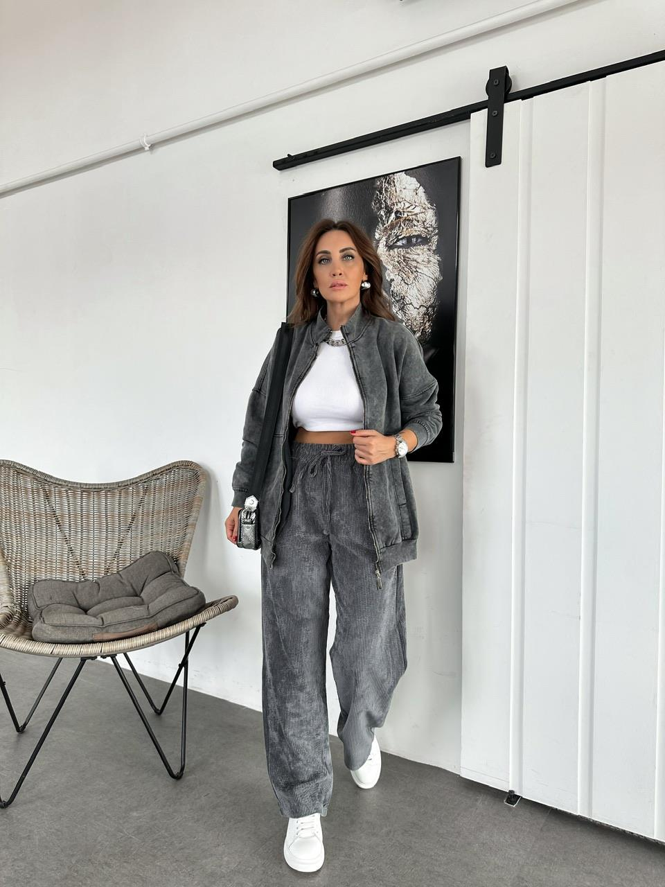 Antrasit Yıkamalı Fermuarlı Sweatshirt