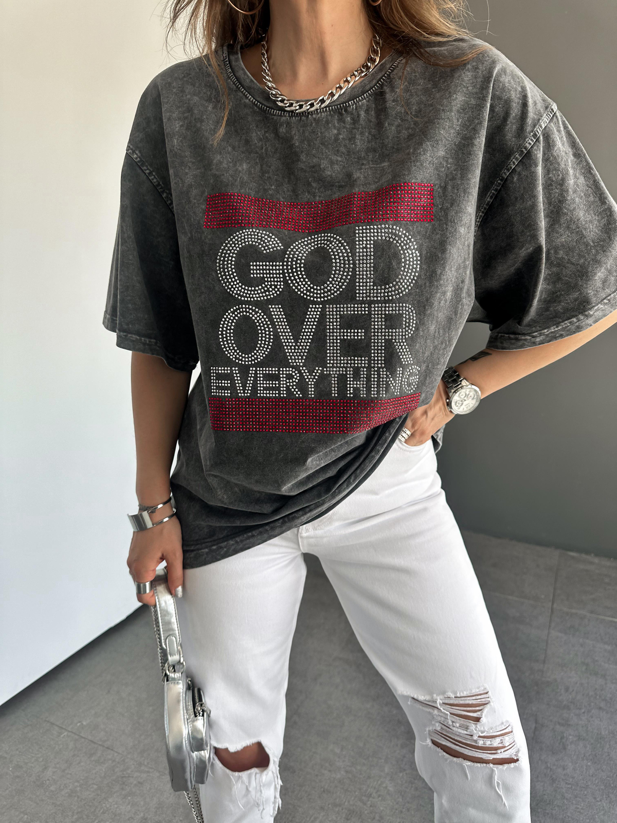 Antrasit Yıkamalı God Over Tshirt