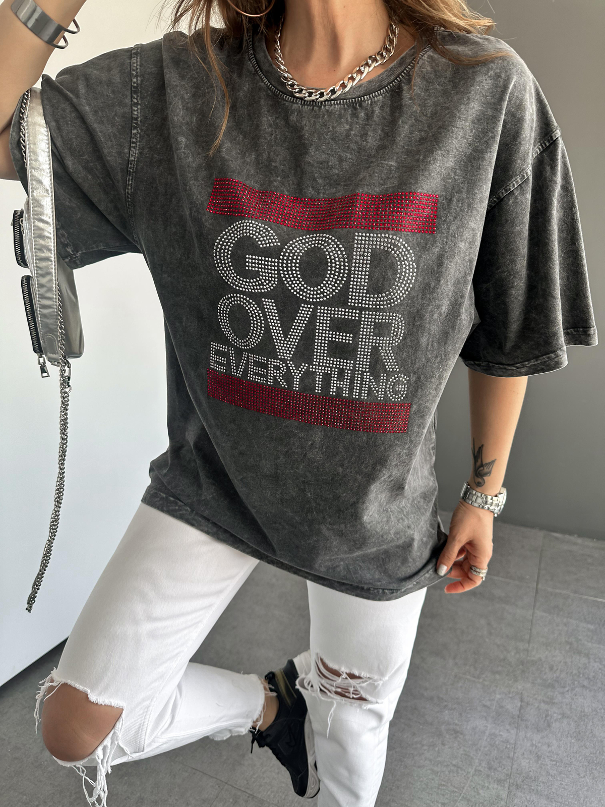 Antrasit Yıkamalı God Over Tshirt