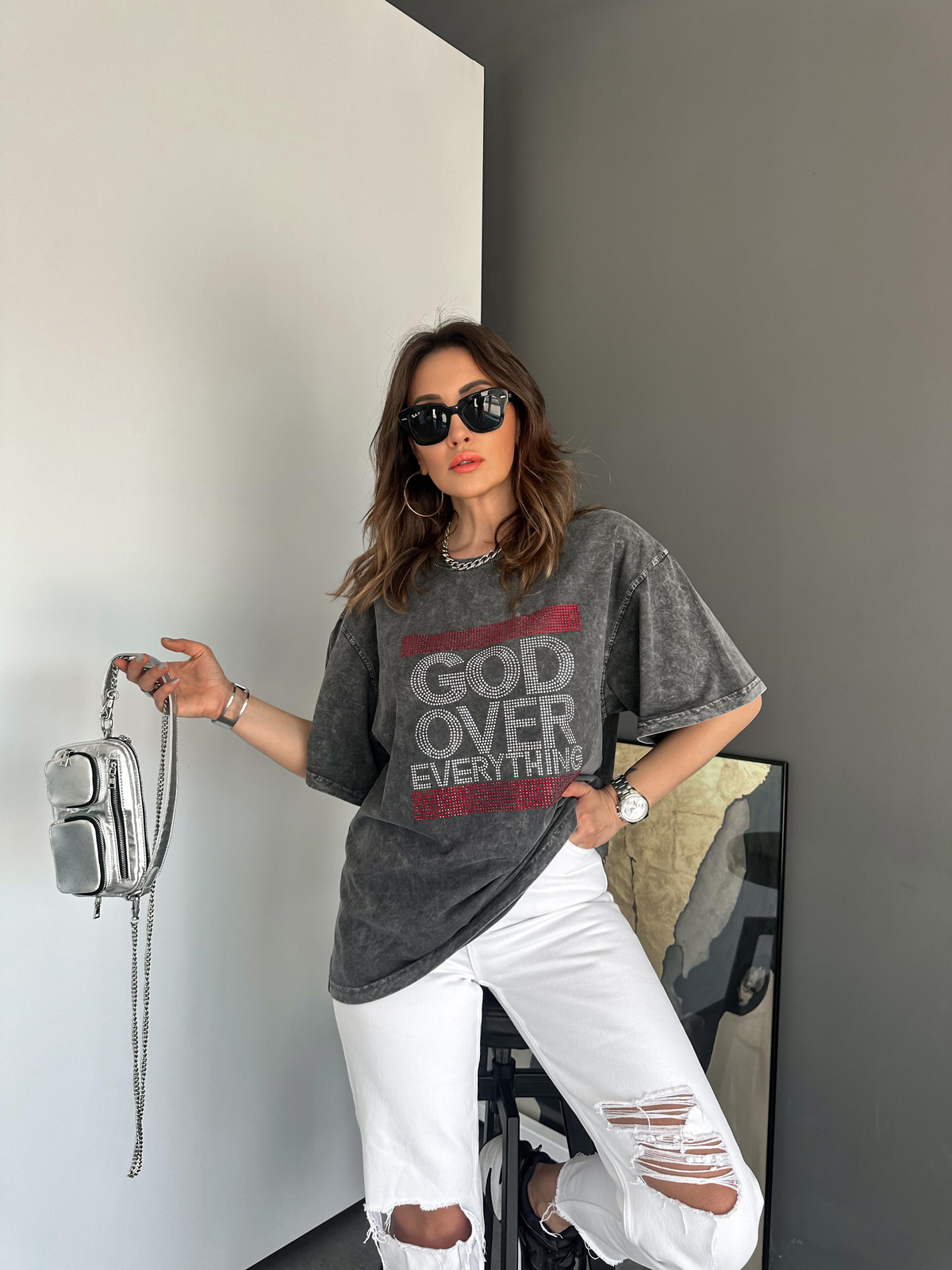 Antrasit Yıkamalı God Over Tshirt