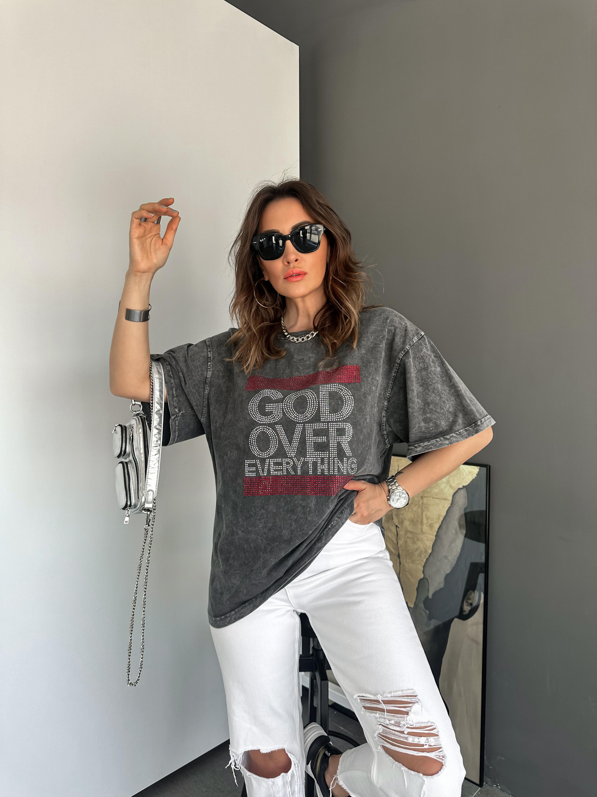 Antrasit Yıkamalı God Over Tshirt