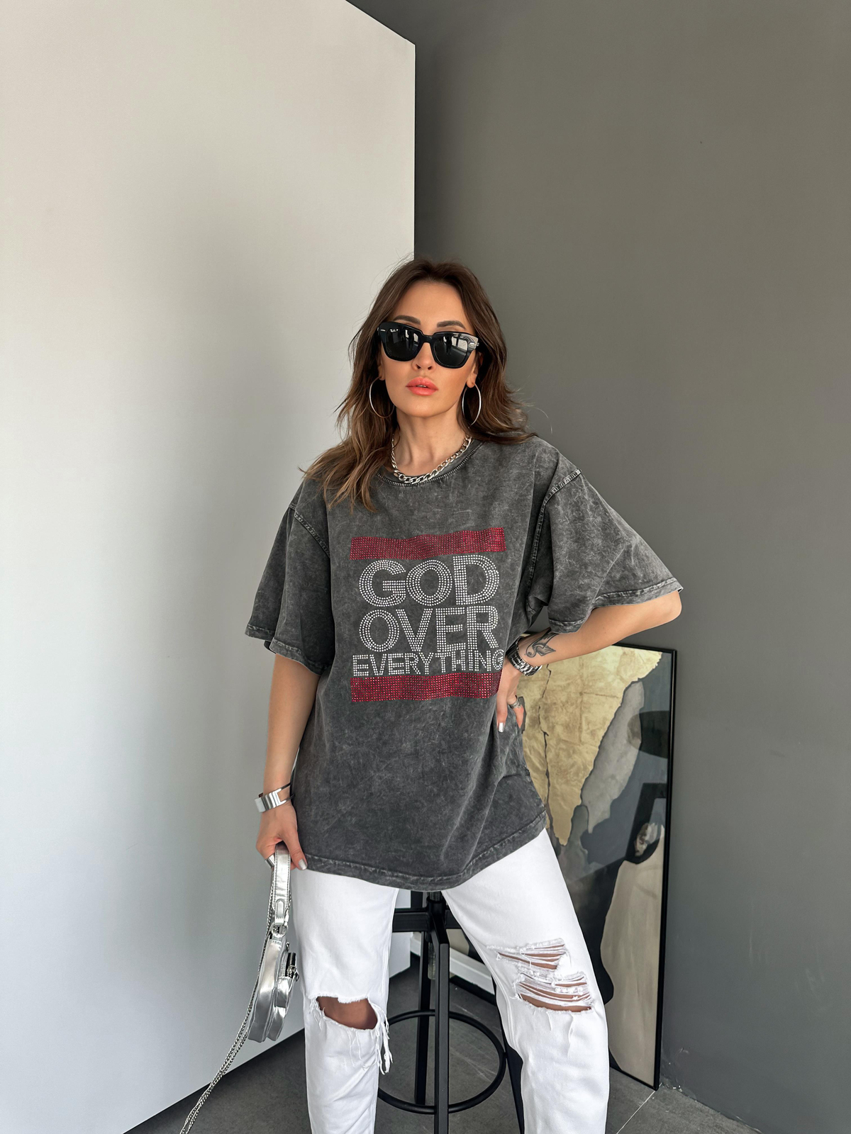 Antrasit Yıkamalı God Over Tshirt