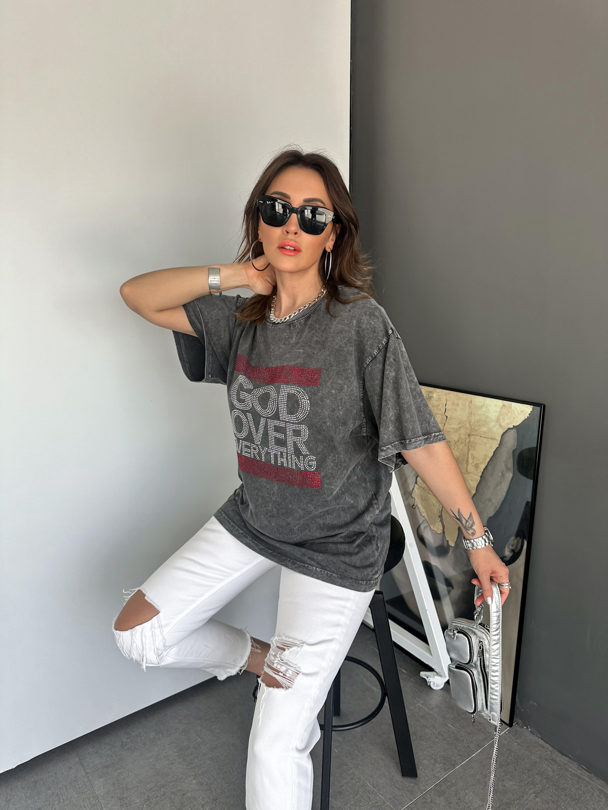 Antrasit Yıkamalı God Over Tshirt