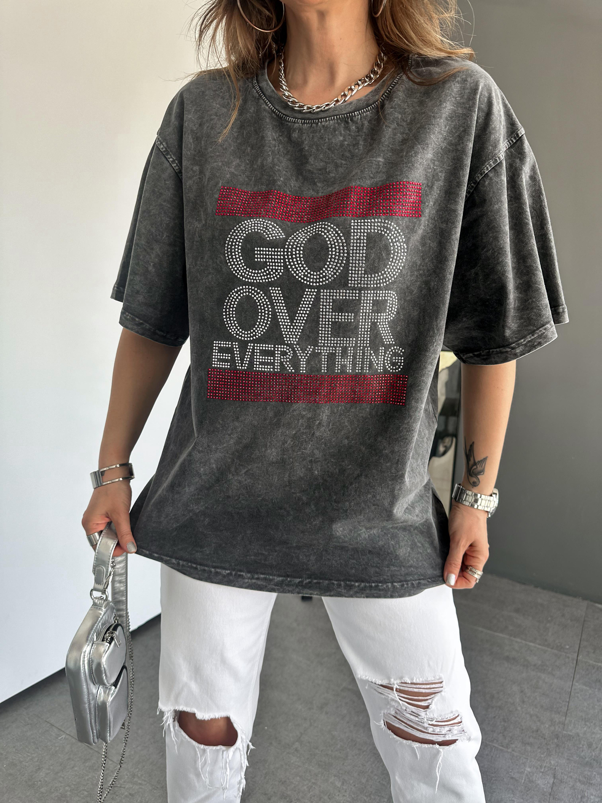 Antrasit Yıkamalı God Over Tshirt