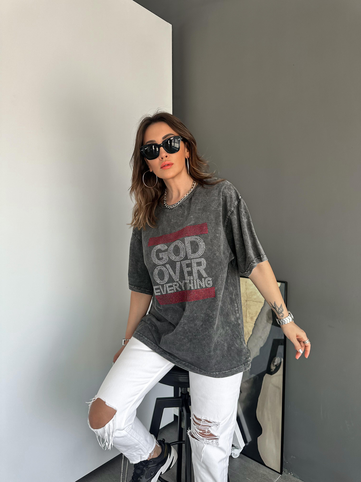 Antrasit Yıkamalı God Over Tshirt