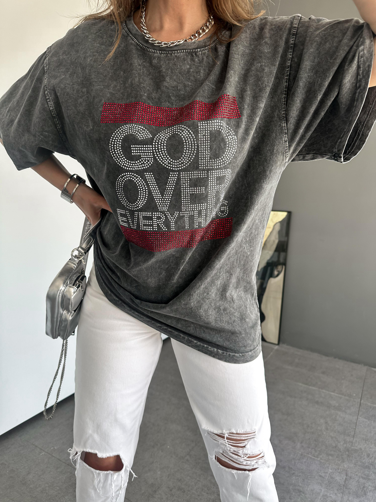 Antrasit Yıkamalı God Over Tshirt