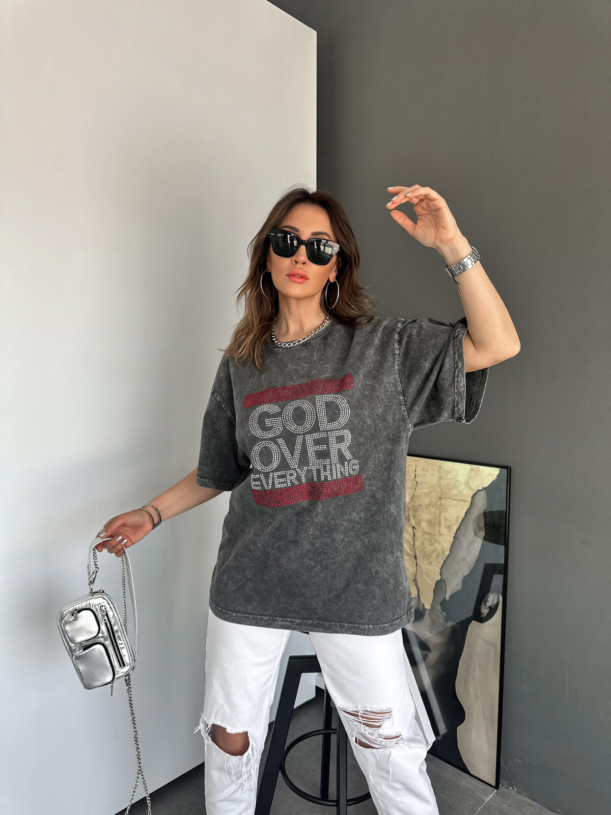 Antrasit Yıkamalı God Over Tshirt