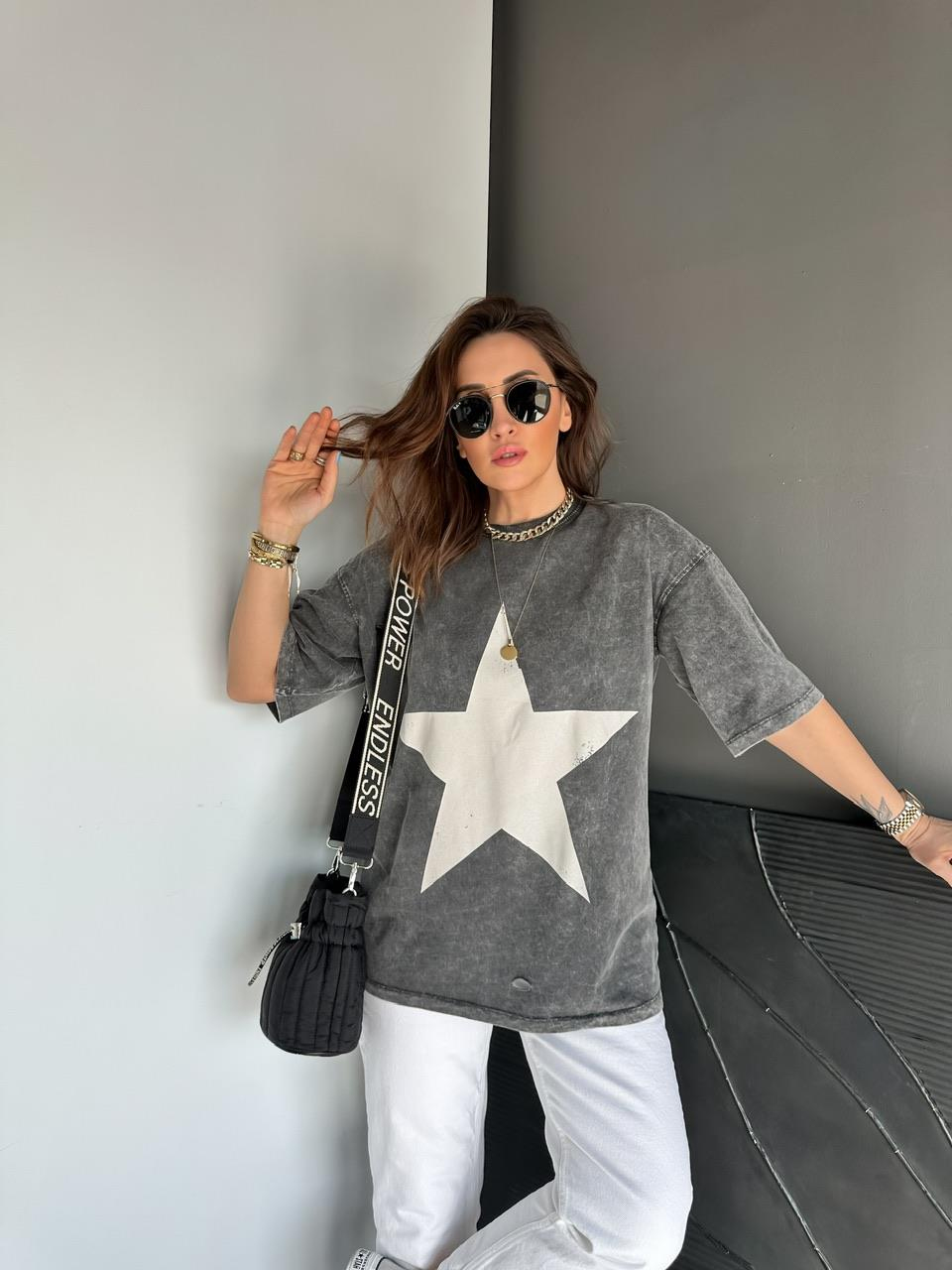 Antrasit Yıldızlı Yıkamalı Tshirt