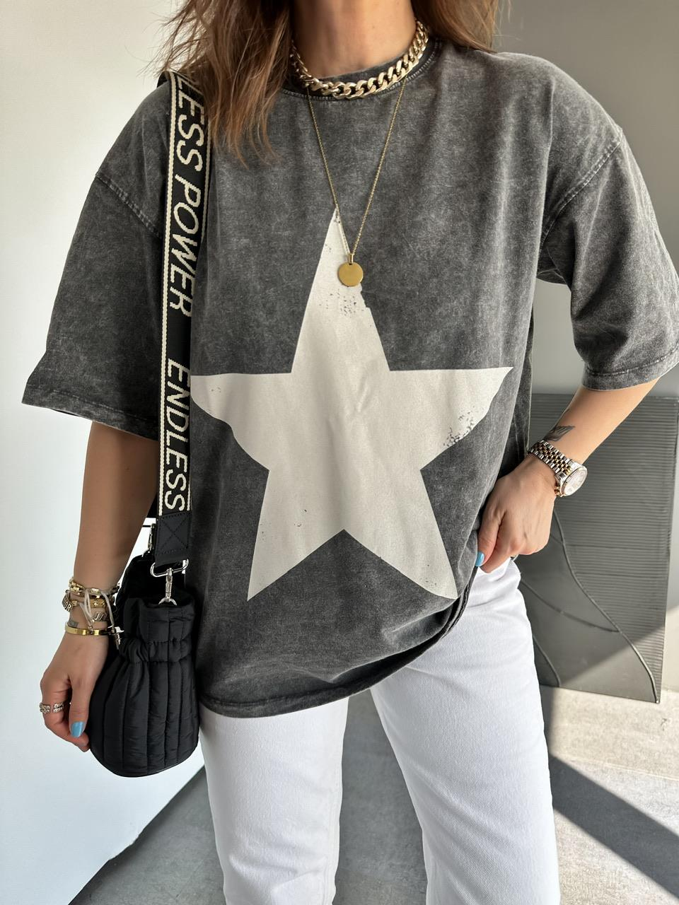 Antrasit Yıldızlı Yıkamalı Tshirt