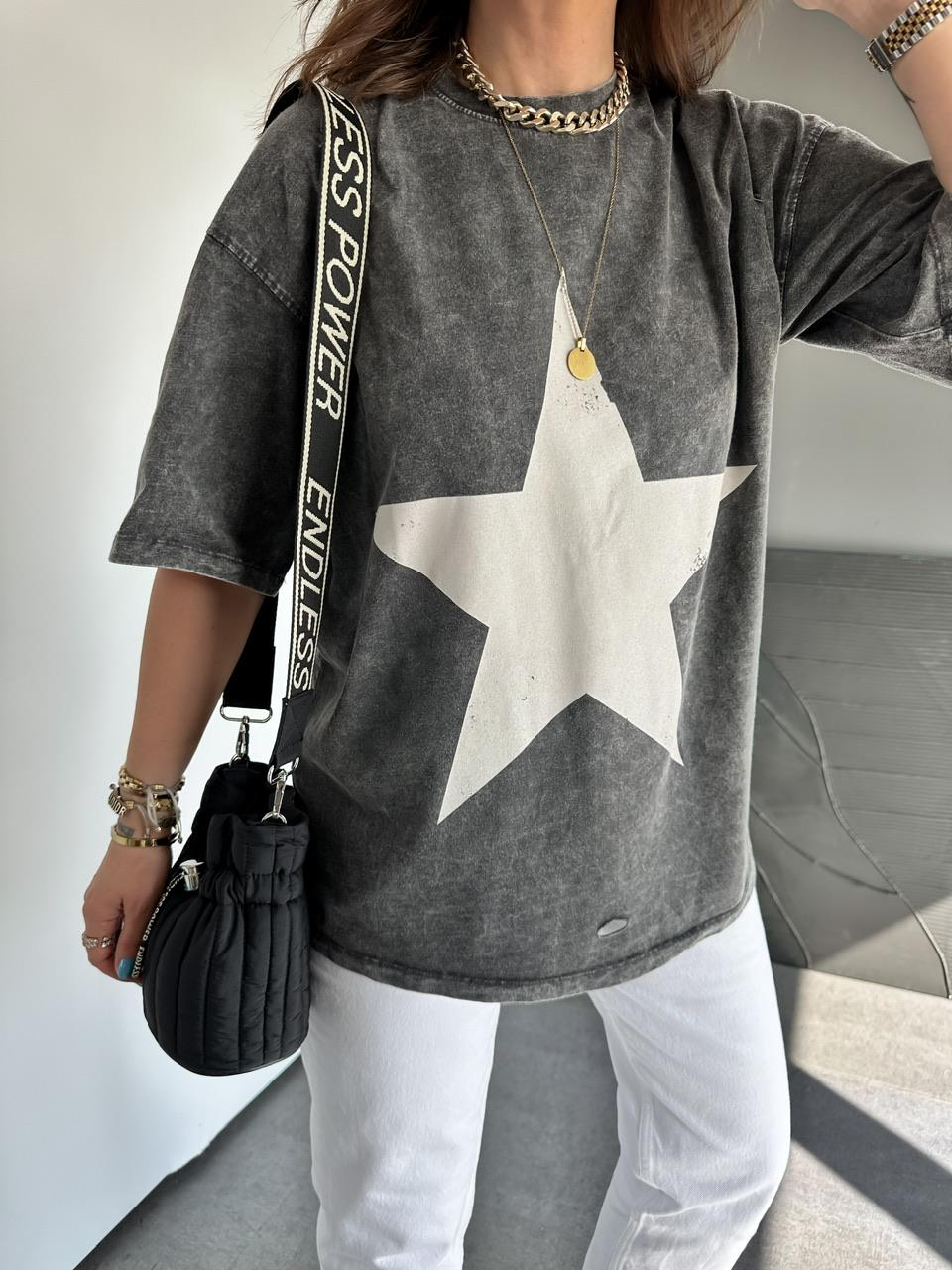 Antrasit Yıldızlı Yıkamalı Tshirt