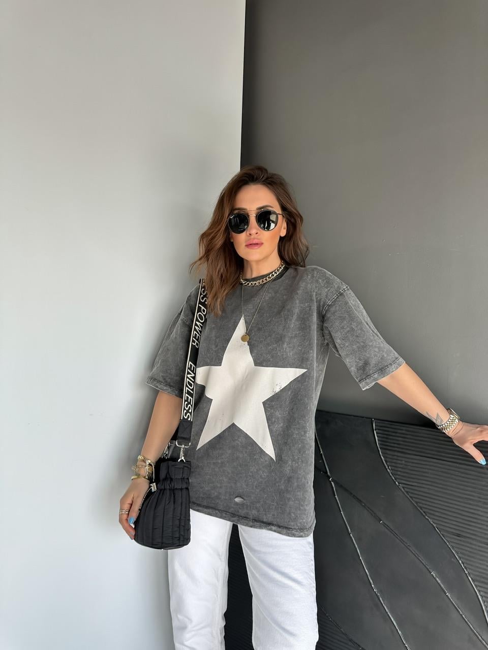 Antrasit Yıldızlı Yıkamalı Tshirt