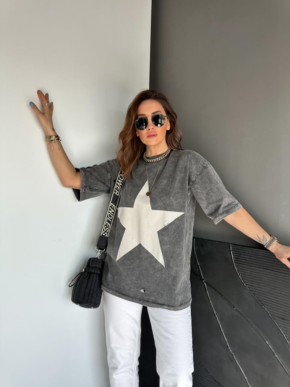 Antrasit Yıldızlı Yıkamalı Tshirt