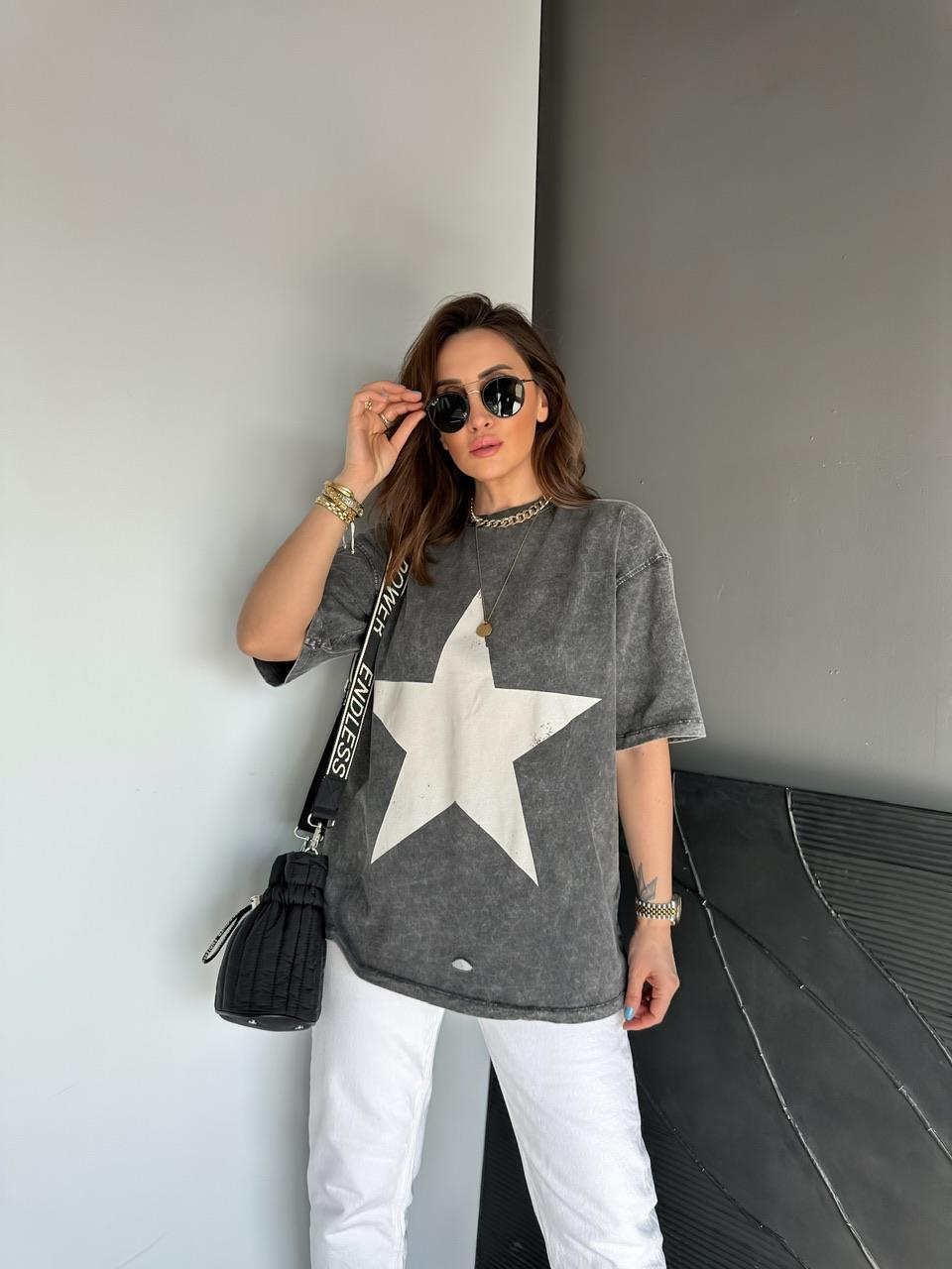 Antrasit Yıldızlı Yıkamalı Tshirt