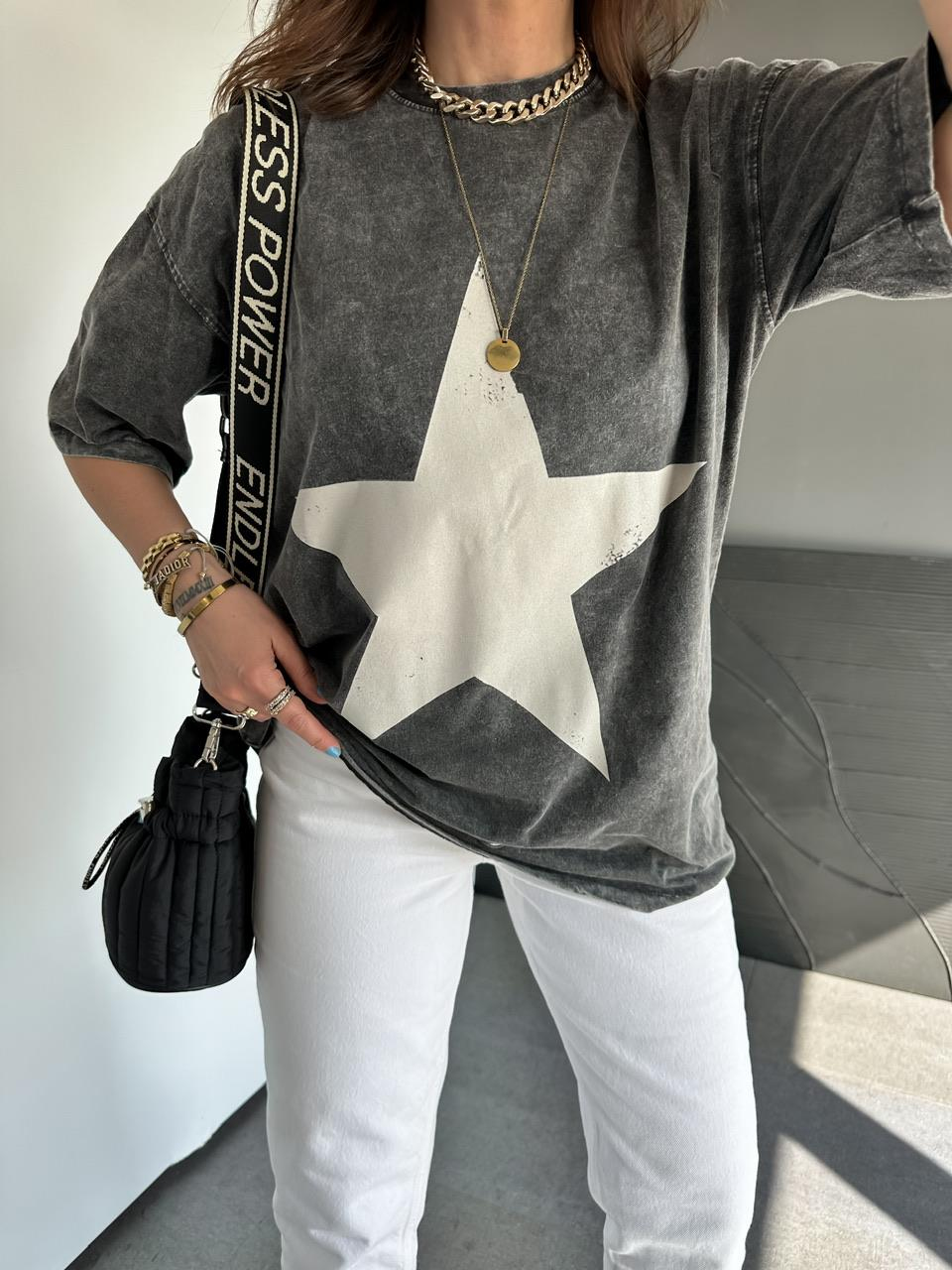 Antrasit Yıldızlı Yıkamalı Tshirt
