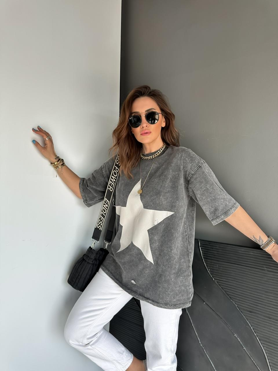 Antrasit Yıldızlı Yıkamalı Tshirt