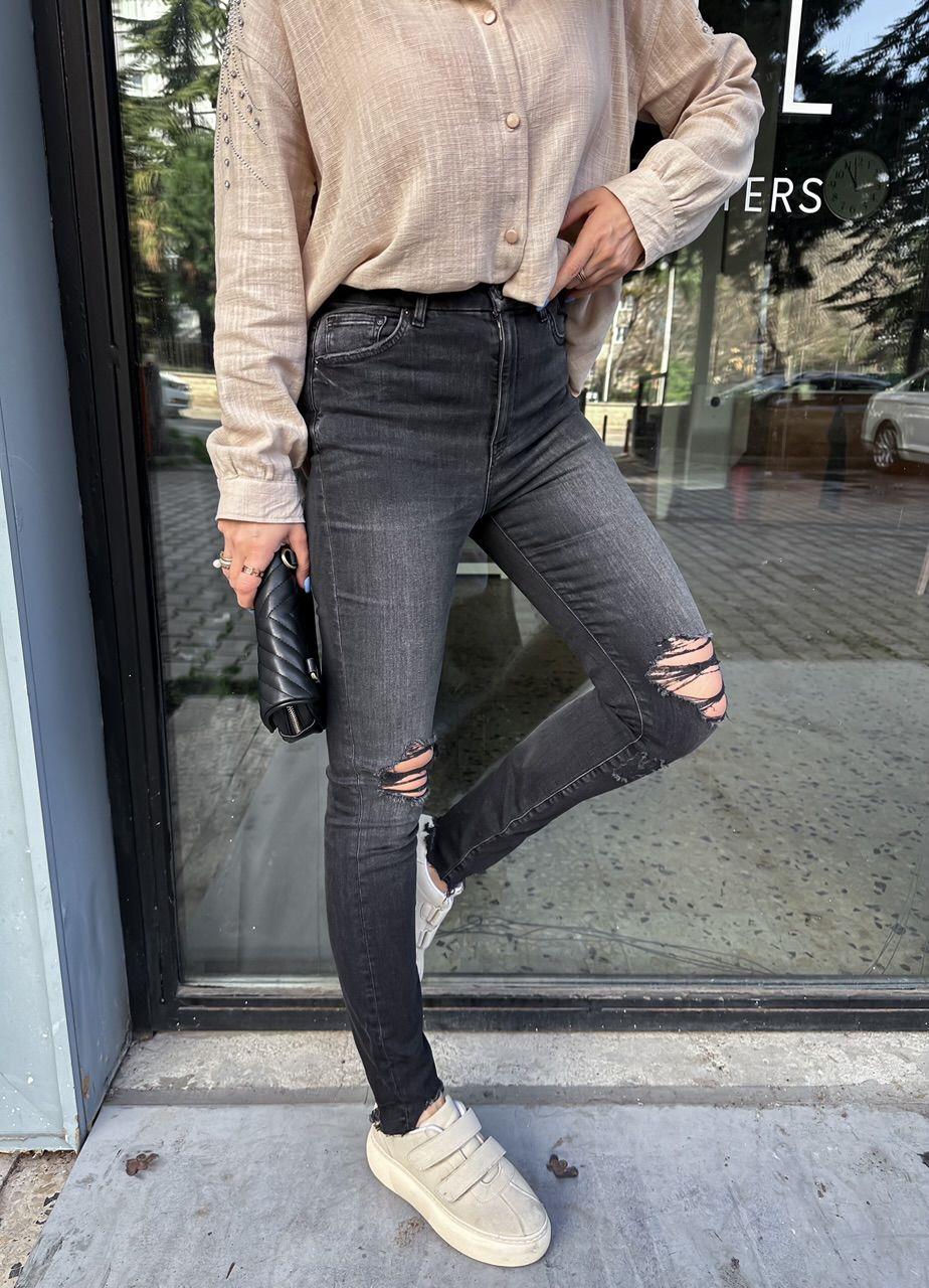 Antrasit Yırtık Detaylı Likralı Jean