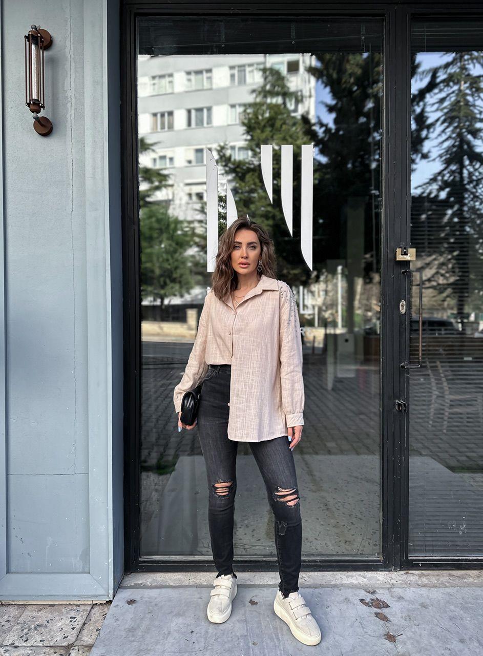 Antrasit Yırtık Detaylı Likralı Jean