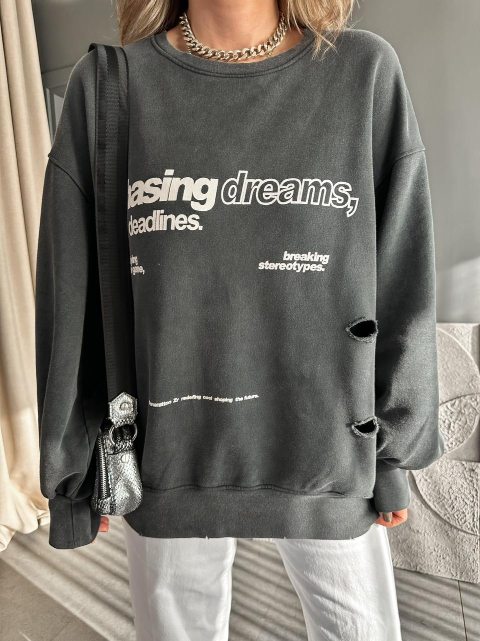 Antrasit Yırtık Detaylı Yazılı Sweatshirt