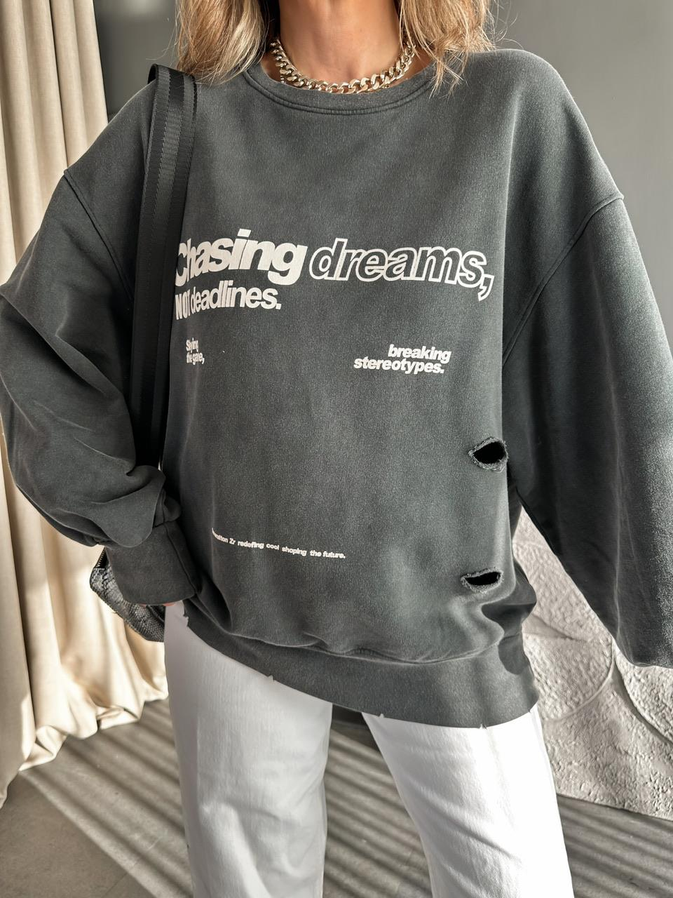 Antrasit Yırtık Detaylı Yazılı Sweatshirt