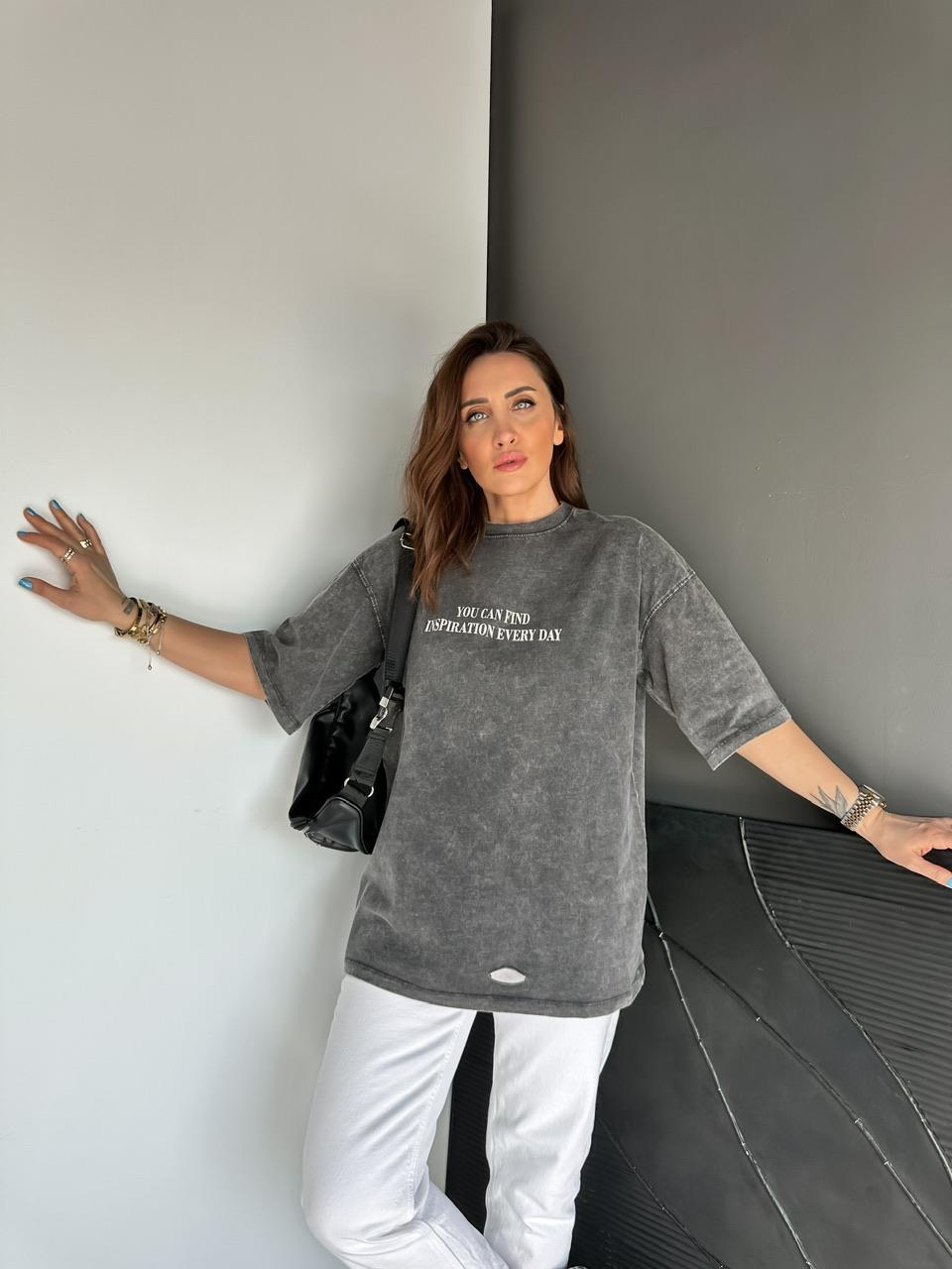 Antrasit You Cad Find Yıkamalı Tshirt