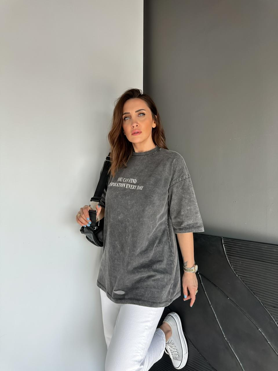 Antrasit You Cad Find Yıkamalı Tshirt