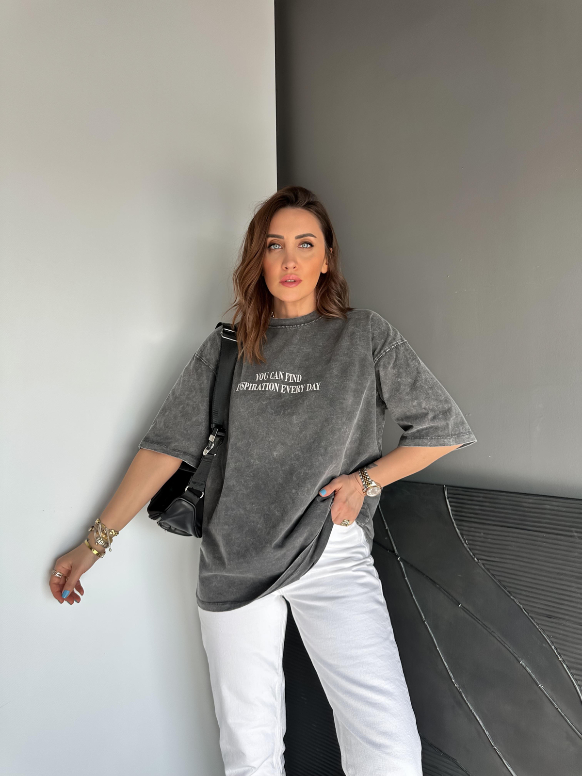 Antrasit You Cad Find Yıkamalı Tshirt