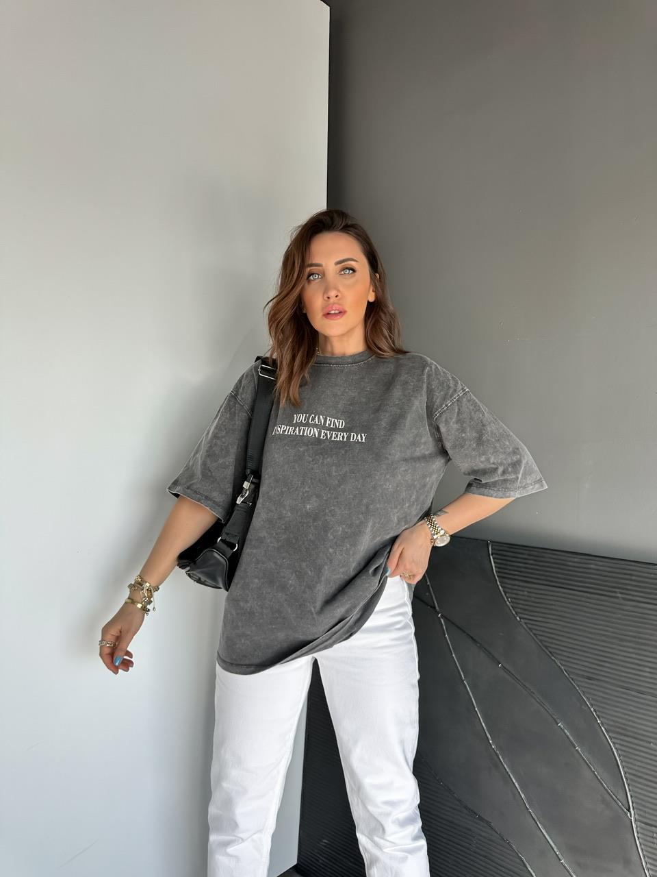Antrasit You Cad Find Yıkamalı Tshirt