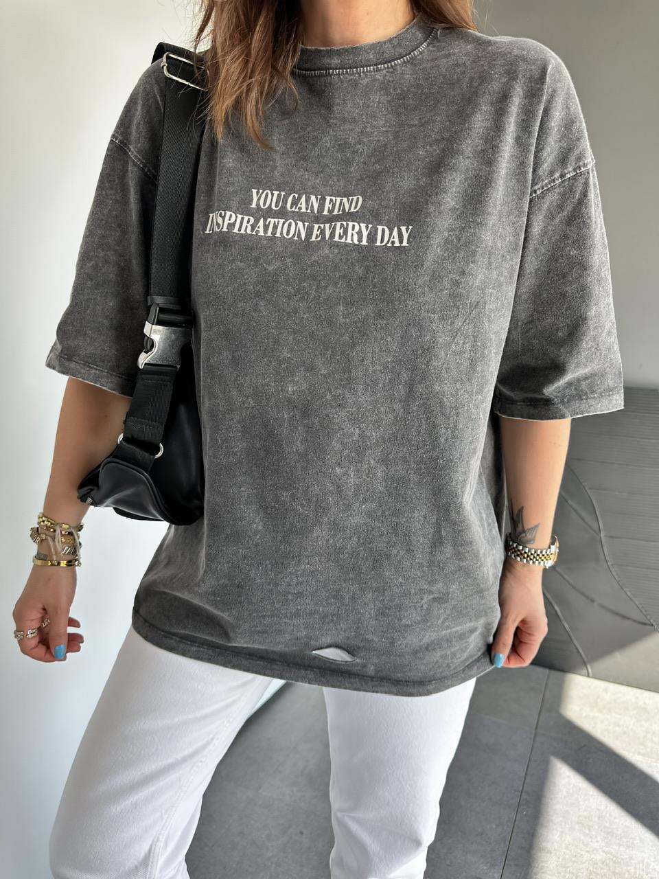 Antrasit You Cad Find Yıkamalı Tshirt