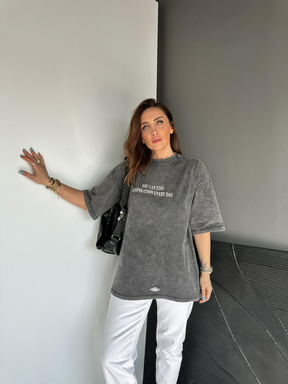 Antrasit You Cad Find Yıkamalı Tshirt