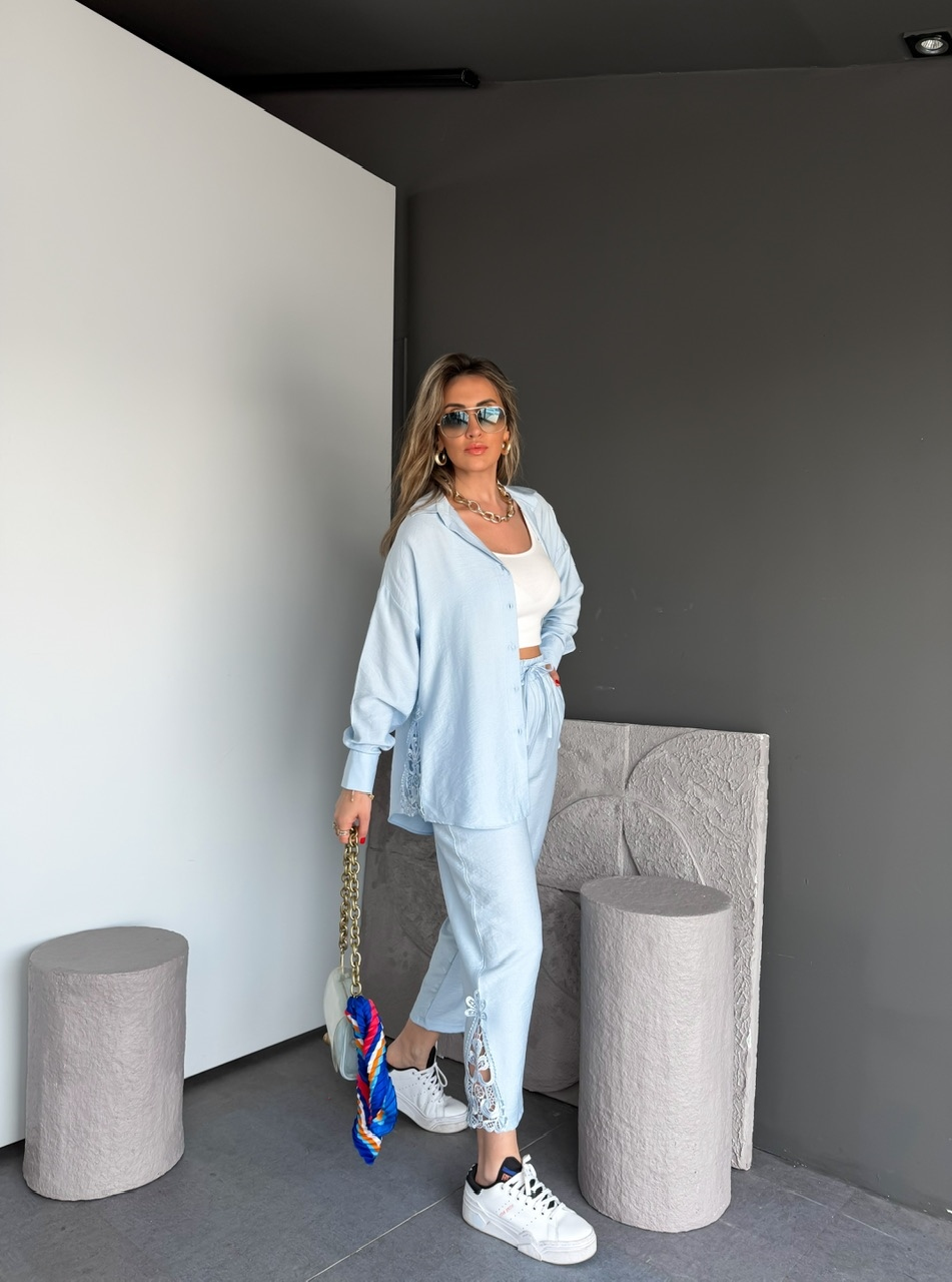 Bebe Mavi Dantelli Gömlek Pantolon Takım