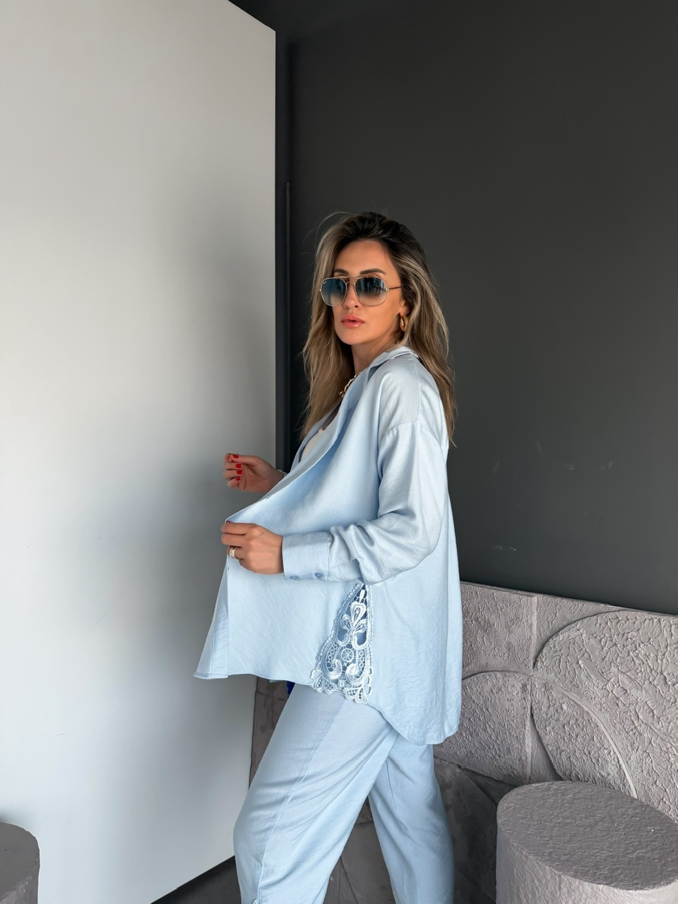 Bebe Mavi Dantelli Gömlek Pantolon Takım