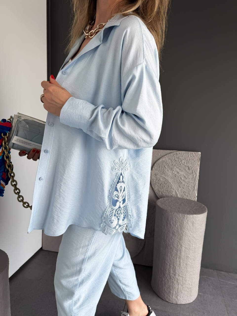 Bebe Mavi Dantelli Gömlek Pantolon Takım