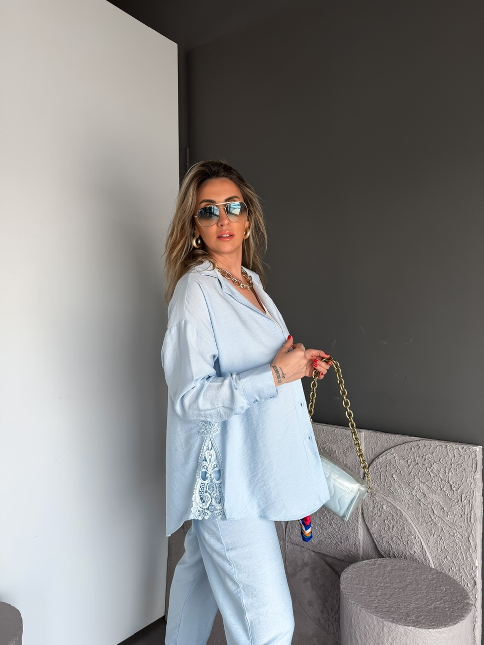 Bebe Mavi Dantelli Gömlek Pantolon Takım