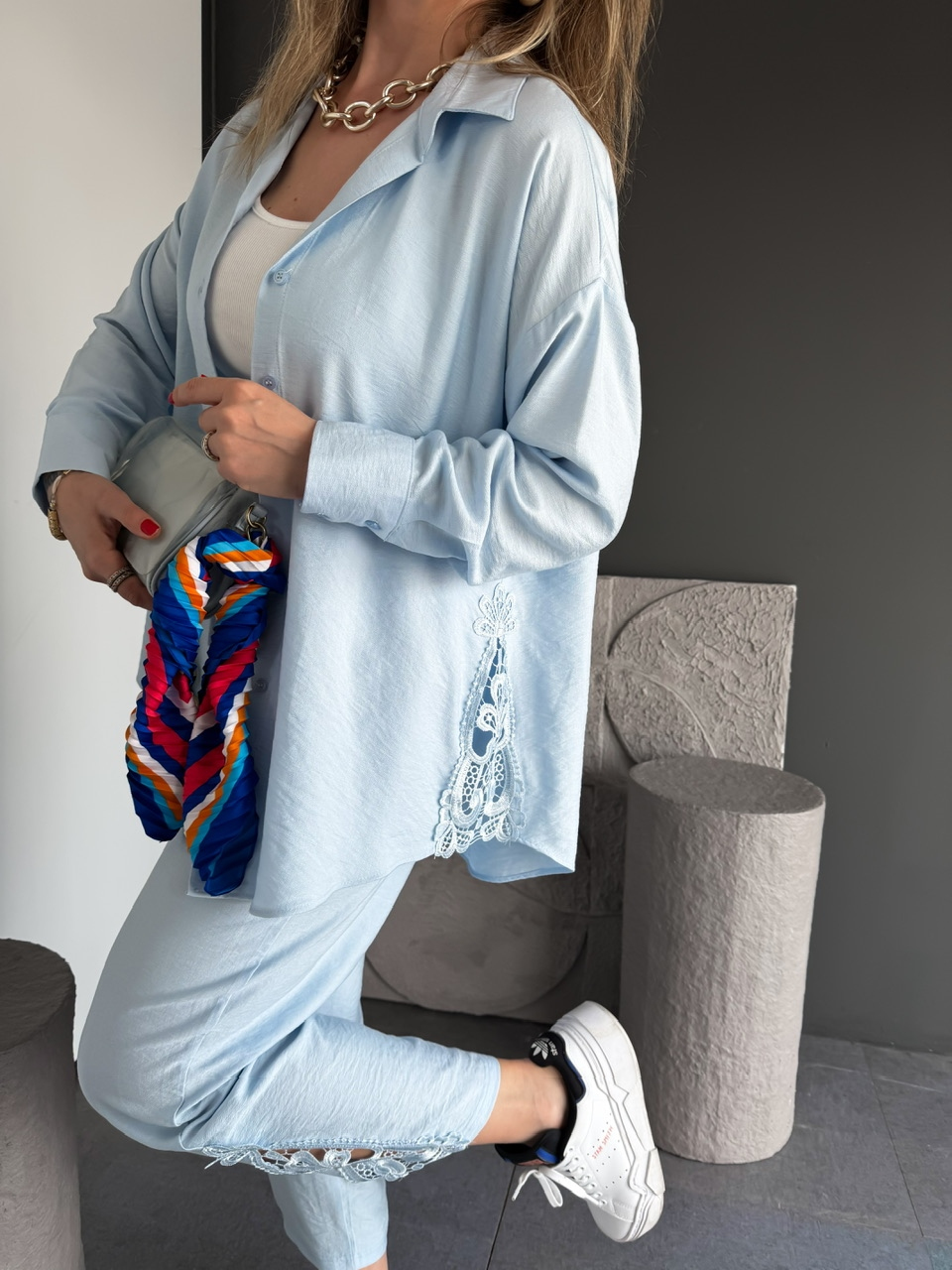 Bebe Mavi Dantelli Gömlek Pantolon Takım
