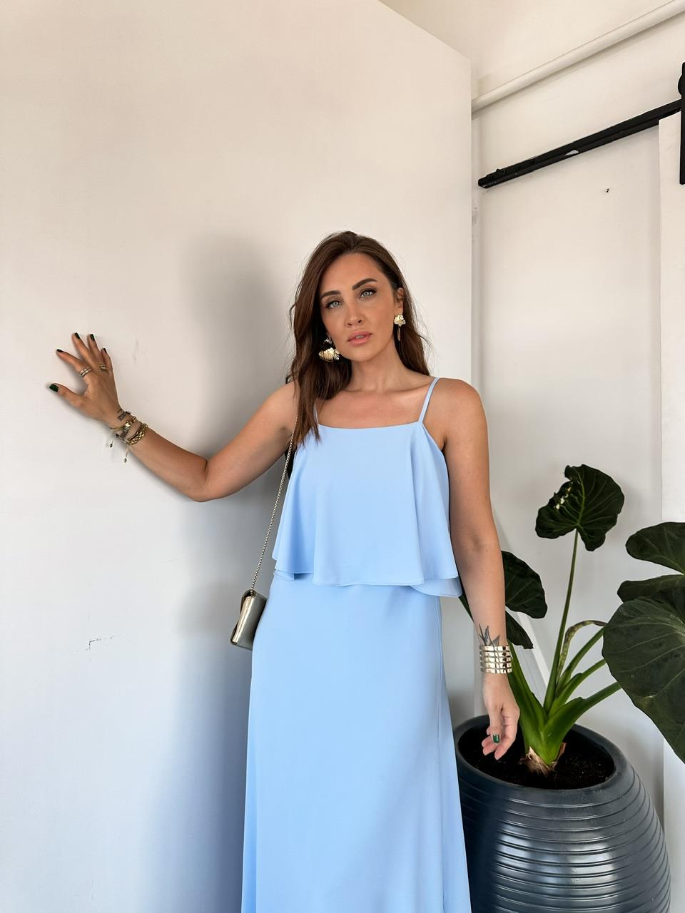 Bebe Mavi Katlı Askılı Tasarım Elbise