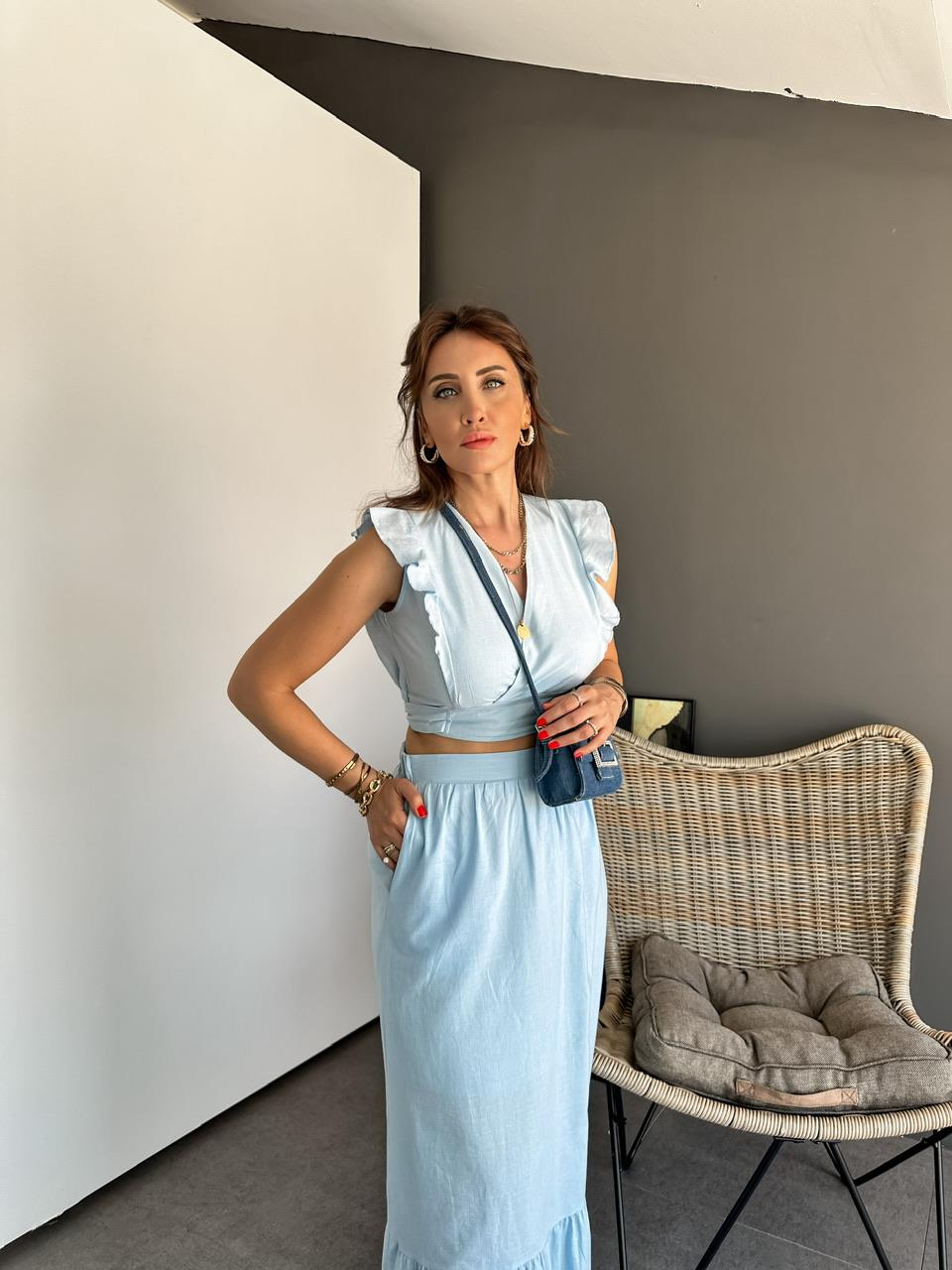 Bebe Mavisi Etek Bluz Keten Takım