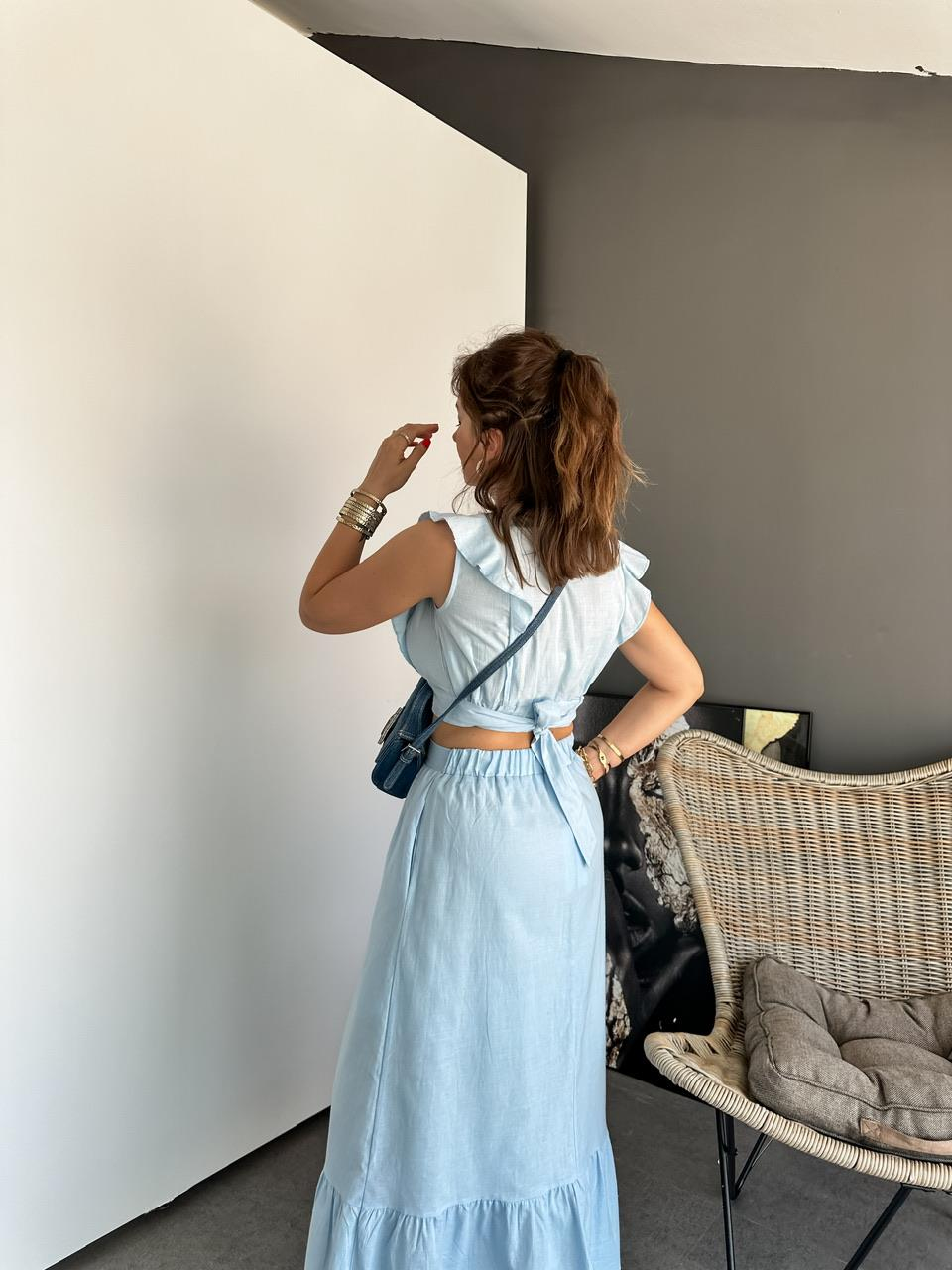 Bebe Mavisi Etek Bluz Keten Takım