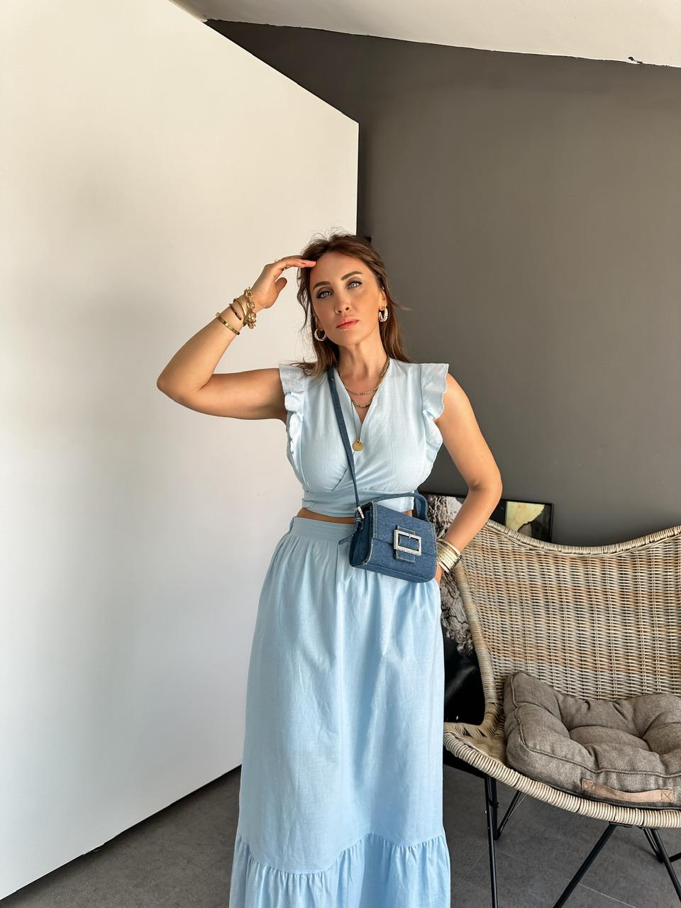 Bebe Mavisi Etek Bluz Keten Takım