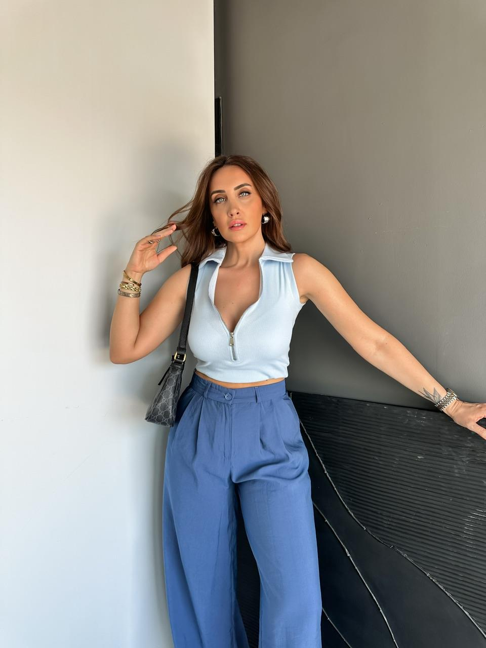 Bebe Mavisi Fermuarlı Polo Yaka Body