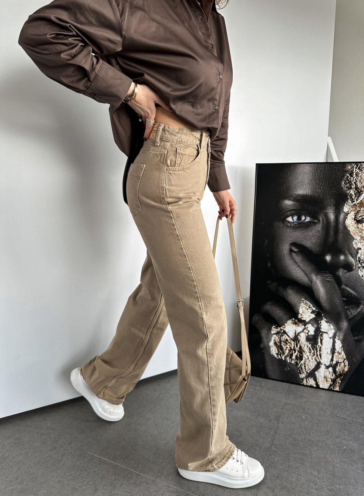Bej Bel Detaylı Premium Jean