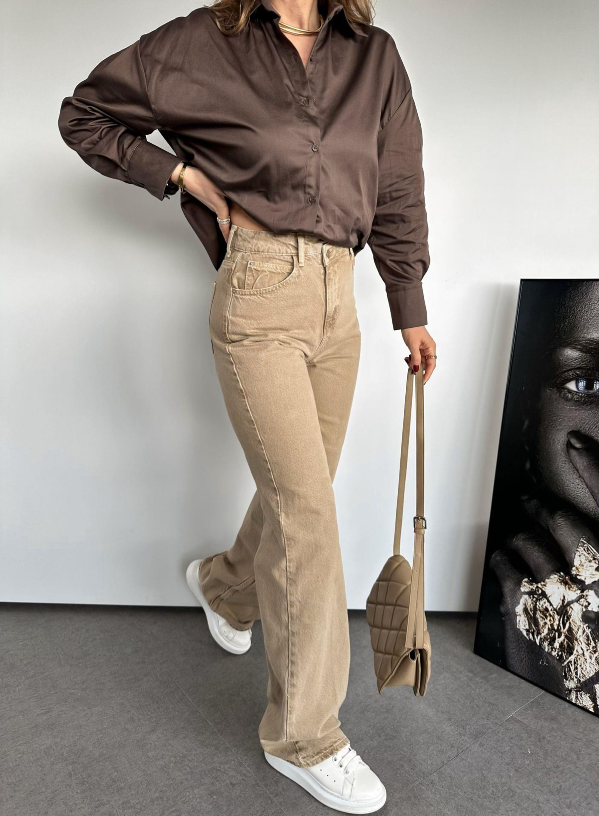 Bej Bel Detaylı Premium Jean
