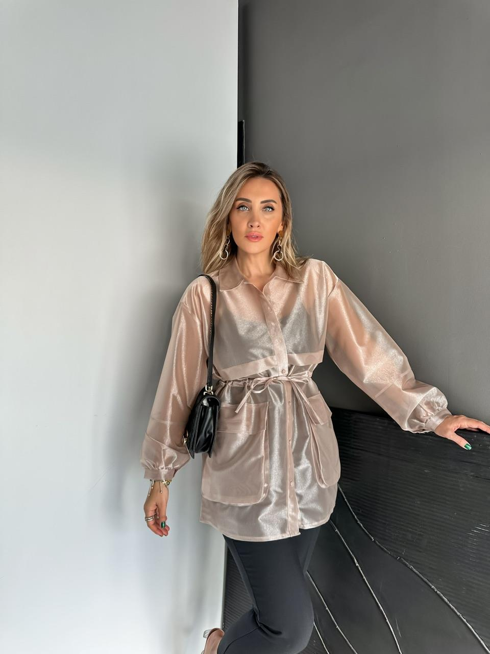 Bej Belden Büzgülü Tül Ceket
