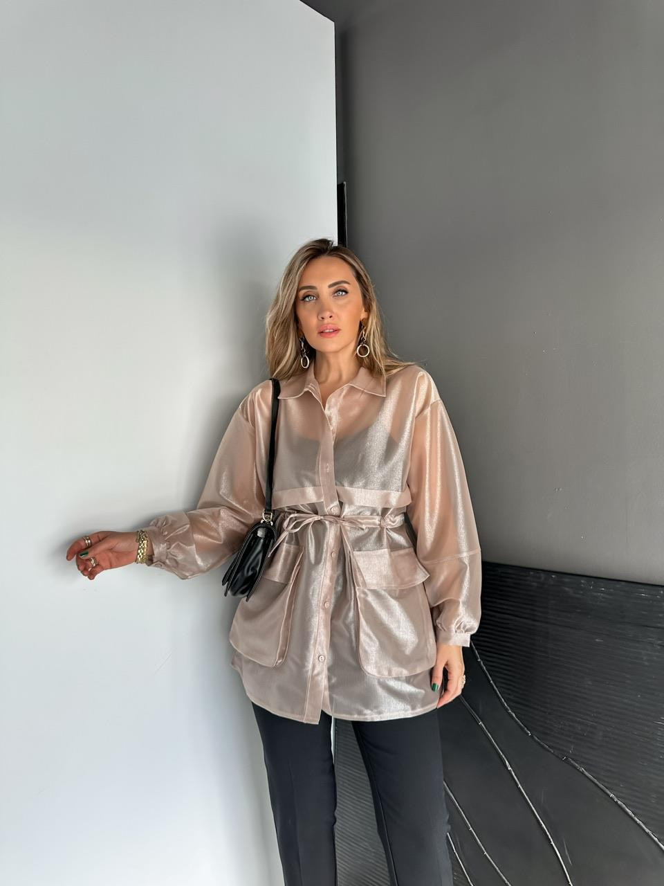 Bej Belden Büzgülü Tül Ceket