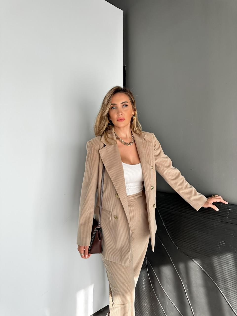 Bej Ceket Pantolon Fitilli Kadife Takım