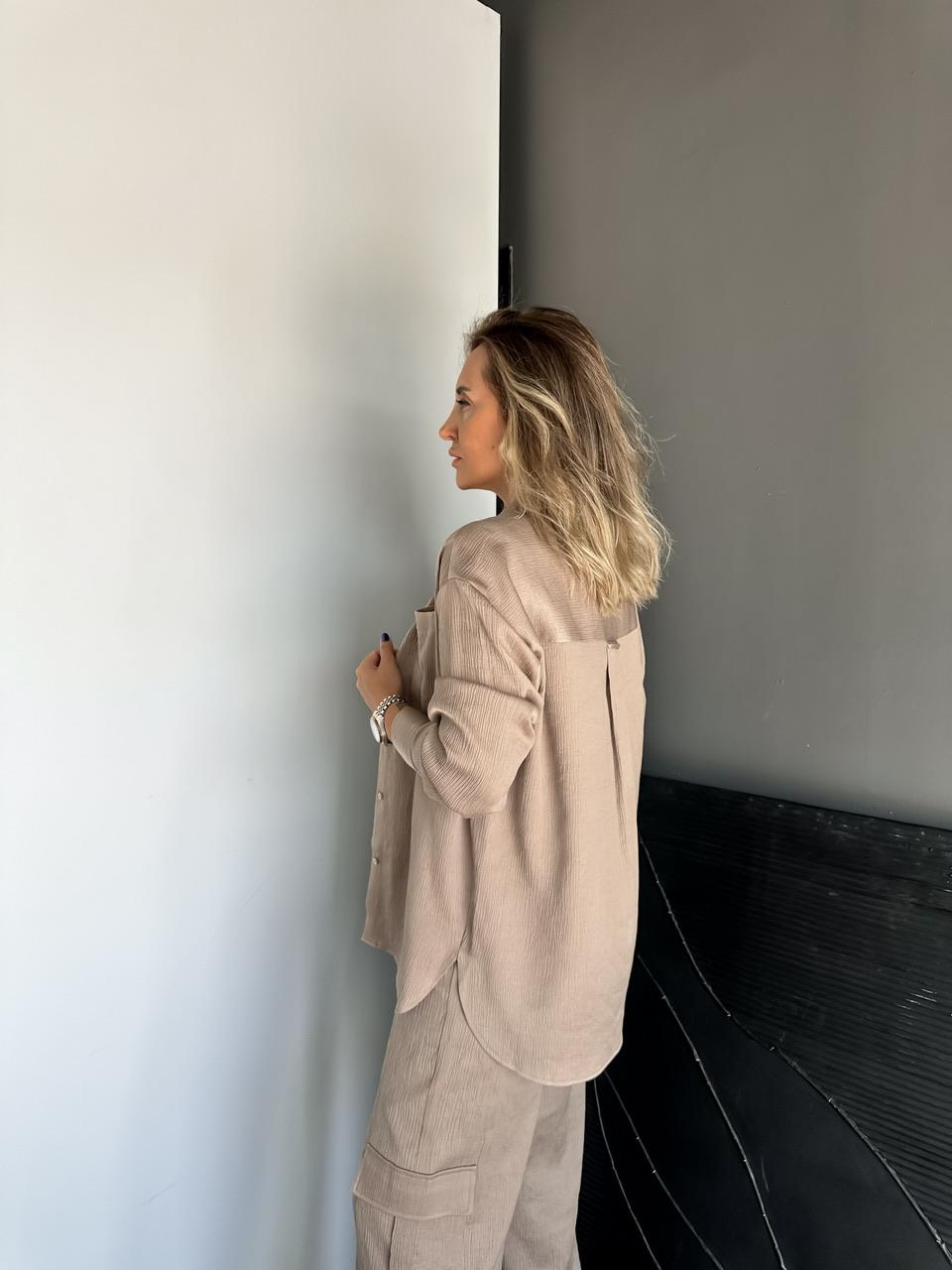 Bej Çizgili Dokulu Salaş Premium Gömlek