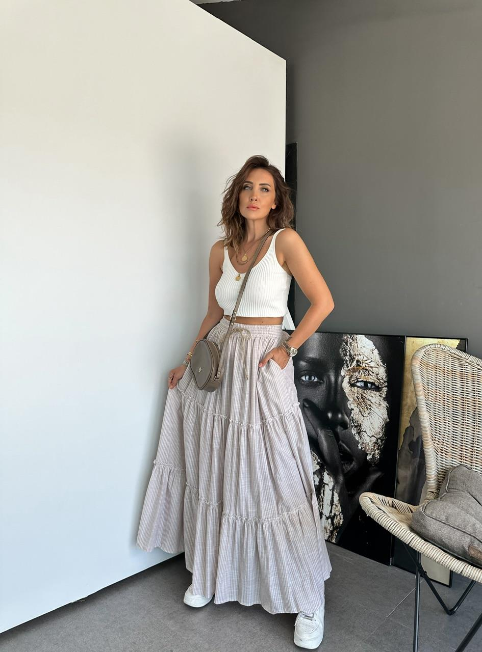 Bej Çizgili Maxi Keten Etek